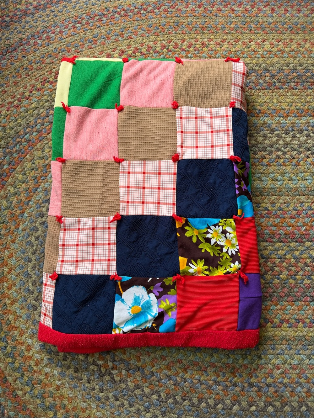 Vintage Homemade Granny Square Patchwork Twin Bed Quilt Blanket